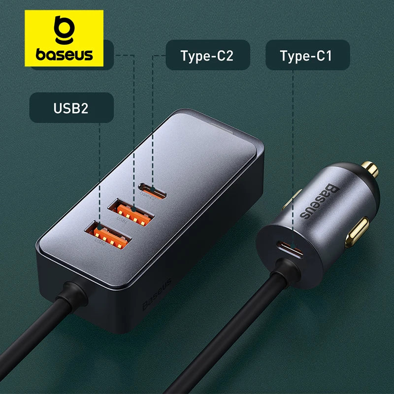 120W Car Charger 4-Port 1.5m Extension Wire PD27W QC3.0 USB C Fast Charging For iPhone 13 14Pro Max Xiaomi Samsung Huawei